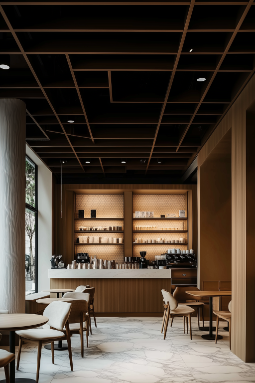 Elegant café interior with marble flooring, dark wooden ceiling grid, light upholstered chairs, and softly lit shelving.
