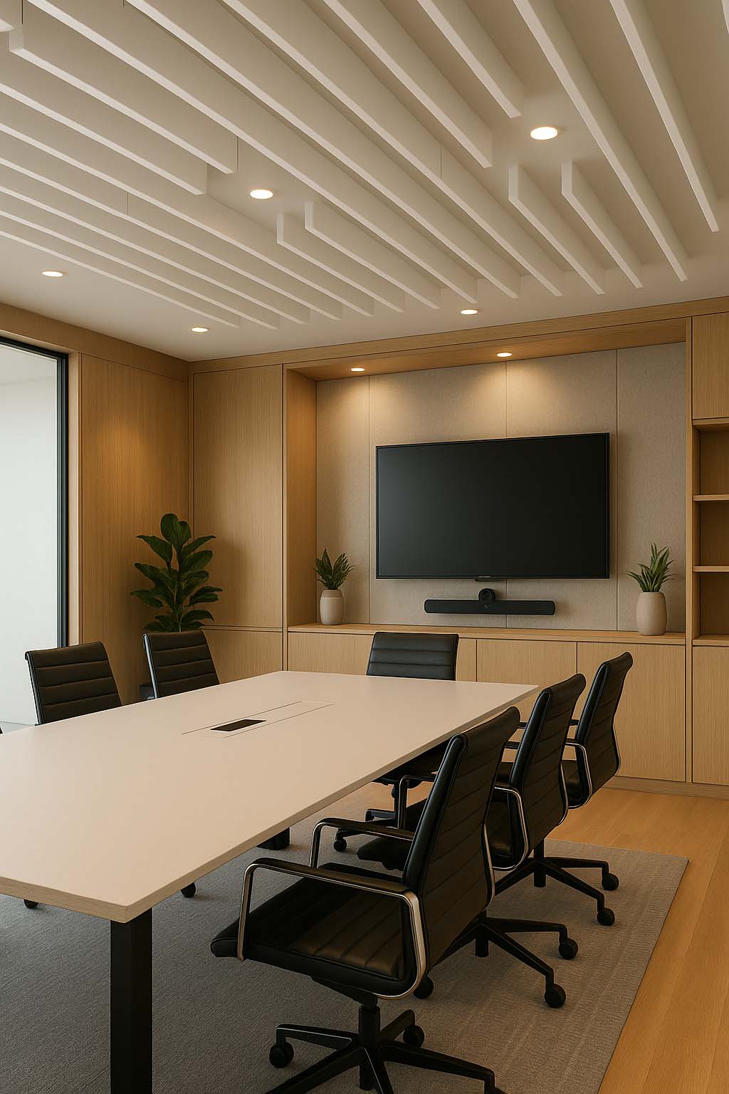 Clean, modern meeting room with white acoustic ceiling slats, black leather chairs, integrated screen wall, and warm oak cabinetry for storage and style.
