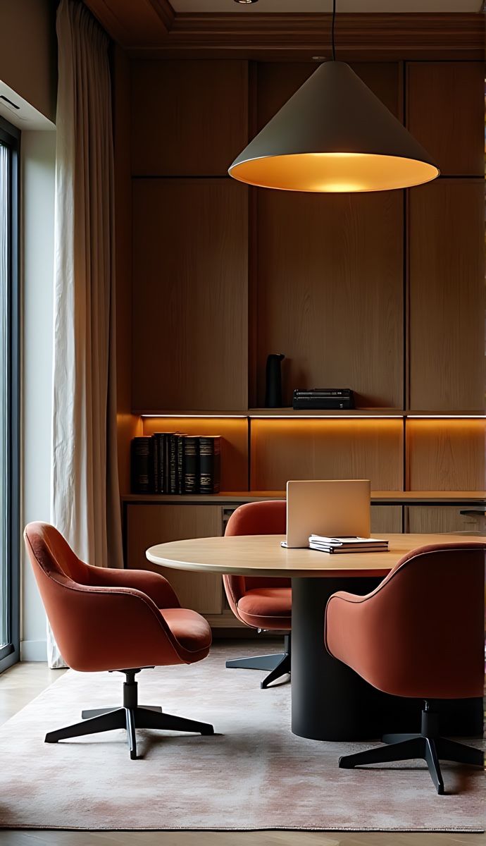 Cosy, wood-panelled meeting space with rust-orange velvet chairs, round wooden table, large cone pendant light, bookshelves, and a soft rug creating a residential feel.
