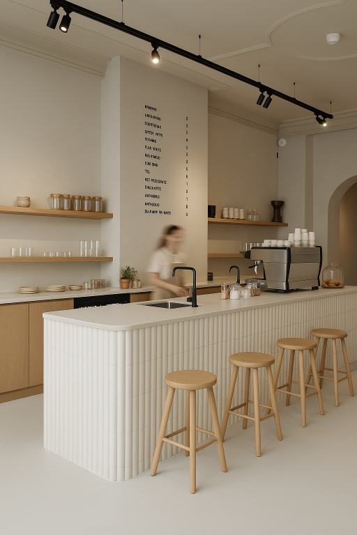 Minimalist café with a soft neutral palette, fluted bar counter, light wooden stools, and clean black fixtures.