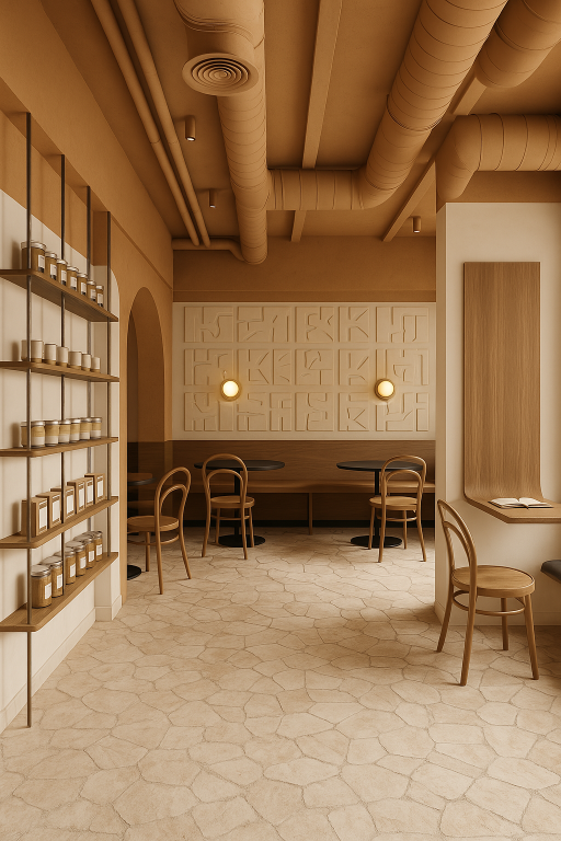 Café interior with desert-inspired tones, terracotta ceiling, arched entry, textured wall panels, and wooden furniture.