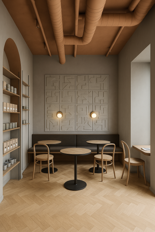 Minimal café design with greige walls, geometric wall panels, light wood furniture, and herringbone parquet flooring.