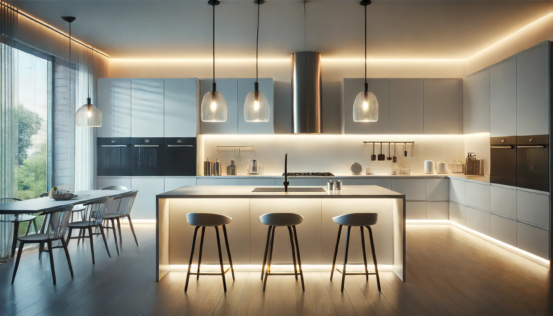 photorealistic image of a sleek, modern kitchen with a balanced mix of cool and warm lighting