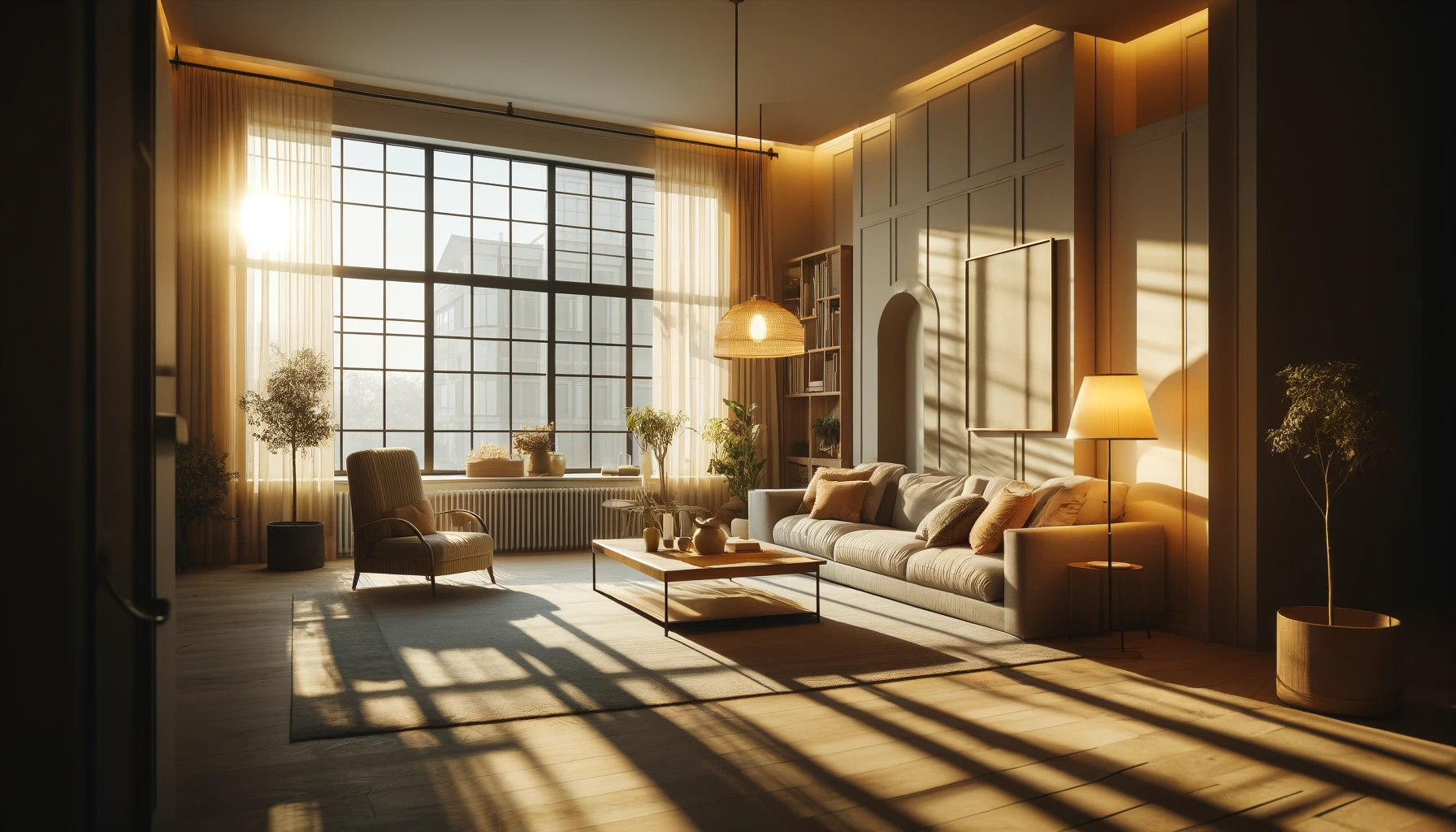 A cozy living room with natural light streaming through large west-facing windows in the afternoon, creating warm, long shadows. The room features soft ambient lighting from recessed ceiling lights and a floor lamp with a warm yellow glow next to a reading chair. The space is furnished with a comfortable sofa, a coffee table, and a rug. The walls are decorated with artwork, and there are a few potted plants adding a touch of greenery. The overall atmosphere is warm and inviting.