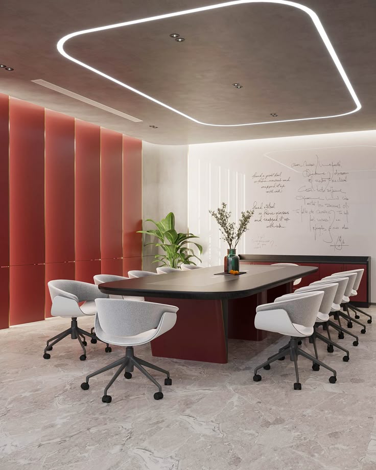 Elegant meeting room with white and grey chairs, dark wood table, sculptural ceiling light, red gradient wall panels, marble floor, and a curved whiteboard wall.