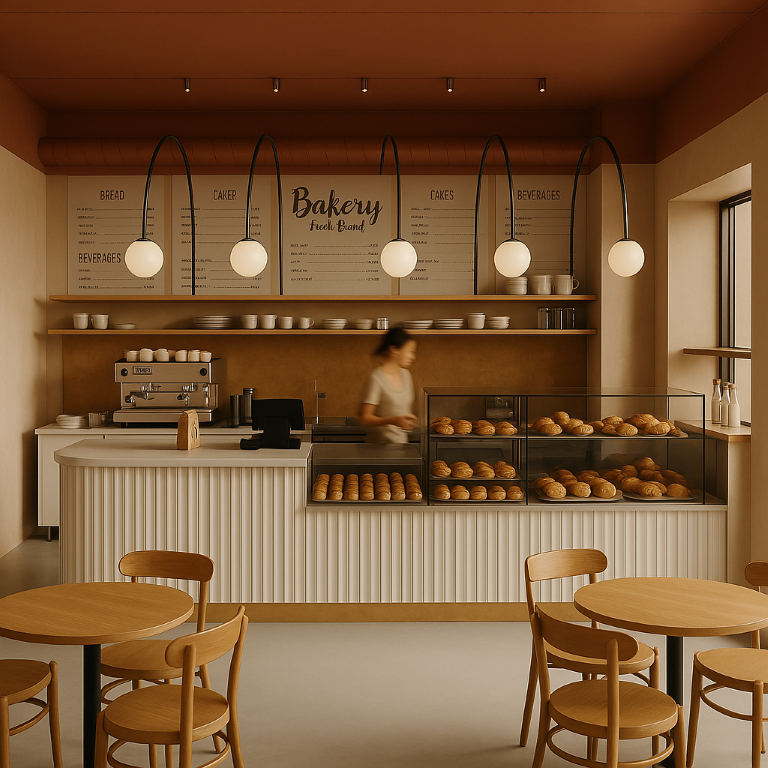 Light and airy bakery café interior with a fluted white counter, blush ceiling, rounded pendant lights, and pastry display.