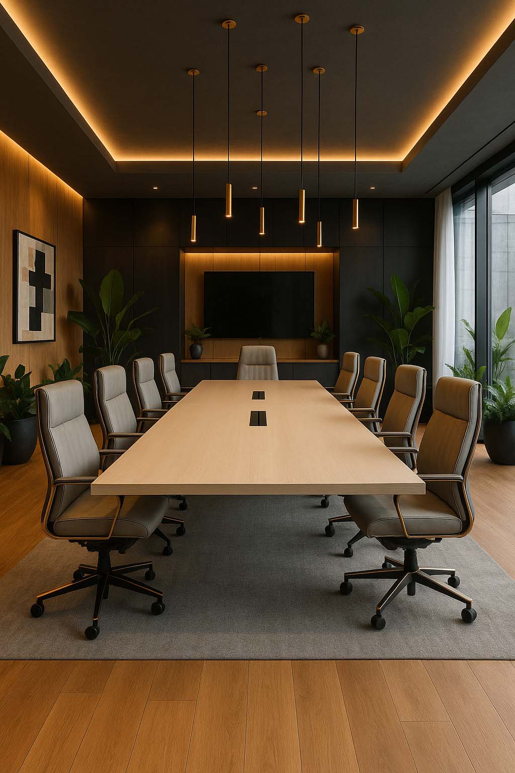 Boardroom with a moody, high-end feel—featuring dramatic lighting, dark wall panelling, light wood table, and sleek high-back grey chairs.