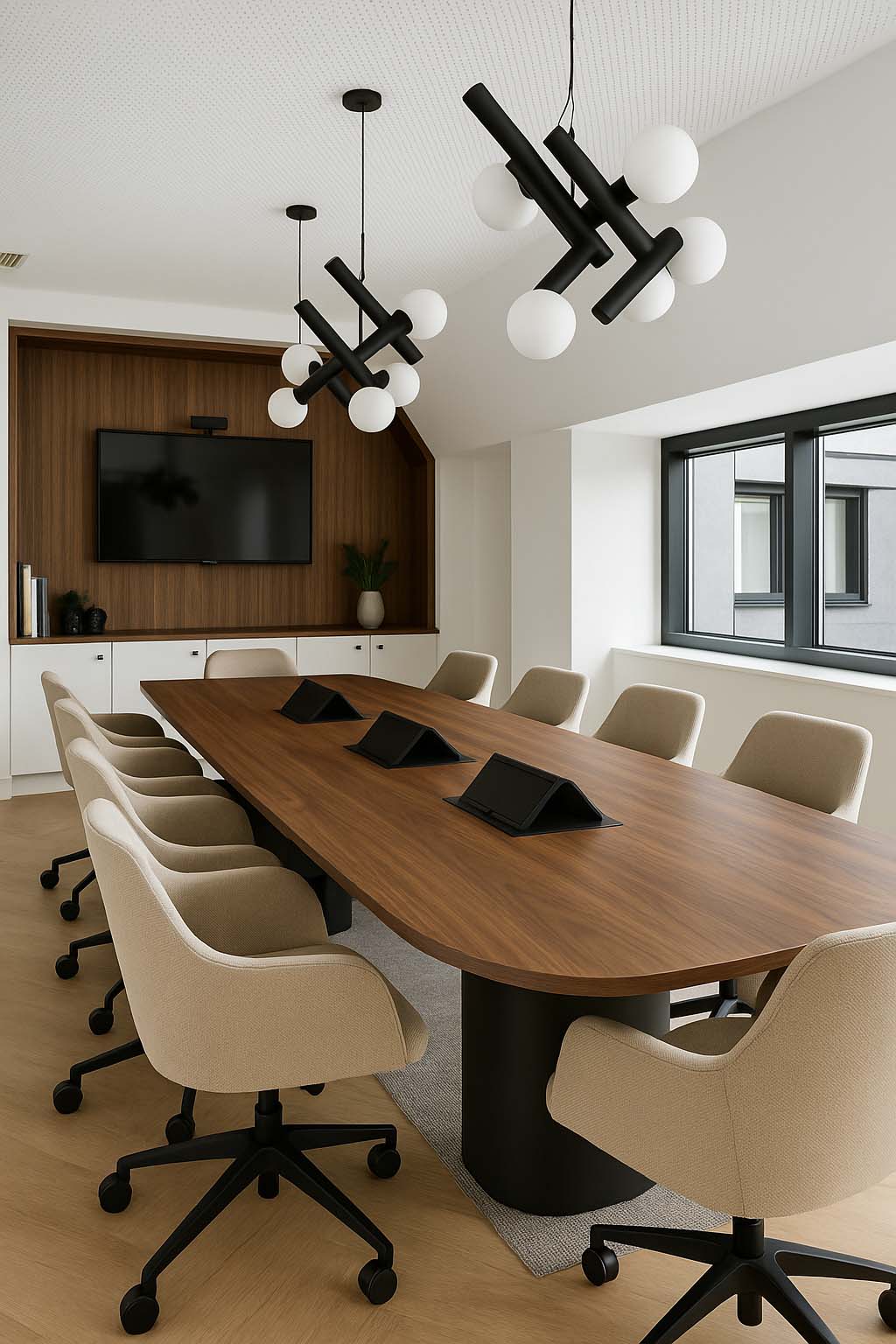 Boardroom with walnut-finish oval table, cream fabric swivel chairs, sculptural black pendant lights, and a mix of wood, white, and soft textures.