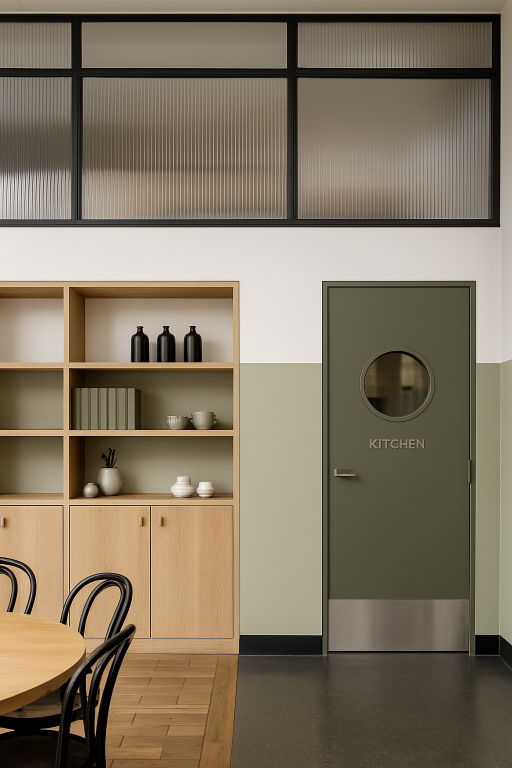 Modern café interior featuring olive green walls, light oak shelving, black chairs, and a kitchen door with a round window.