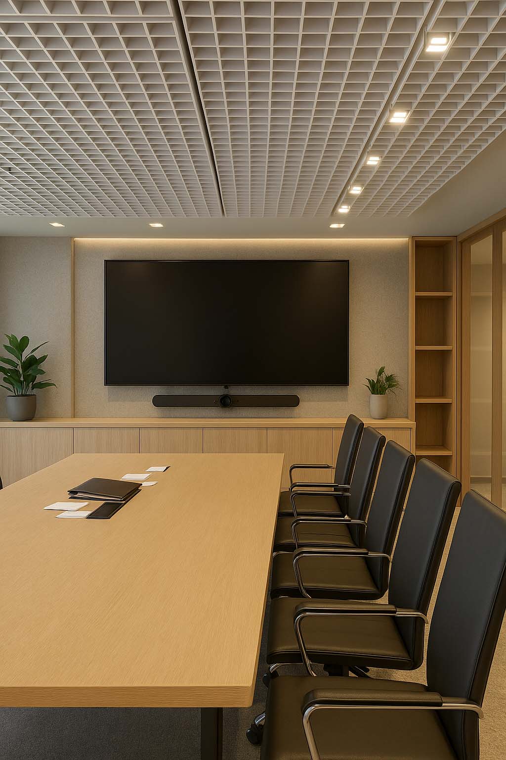 Efficient boardroom with black chairs, grid ceiling lighting, large screen wall, and wood shelving, maximising function in a compact footprint.