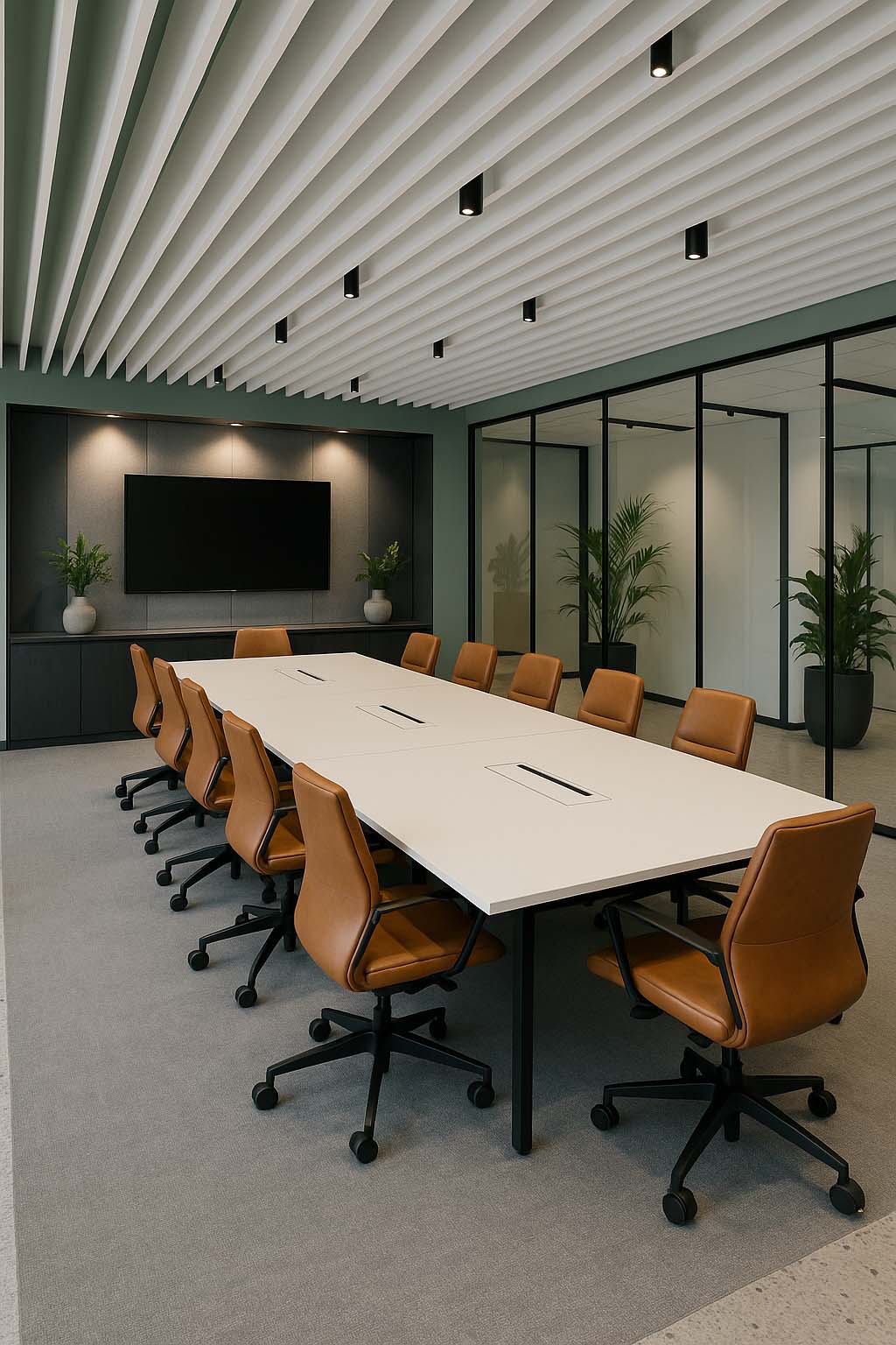Modern boardroom featuring white acoustic ceiling baffles, leather chairs in warm tan, a matte white table, and black-framed glass partitions for transparency.