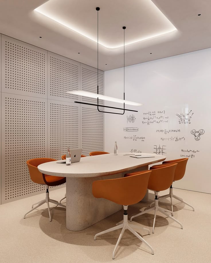 Minimalist meeting room with a sculptural stone-like table, terracotta leather chairs, white perforated acoustic walls, soft ceiling lighting, and a writable wall surface.