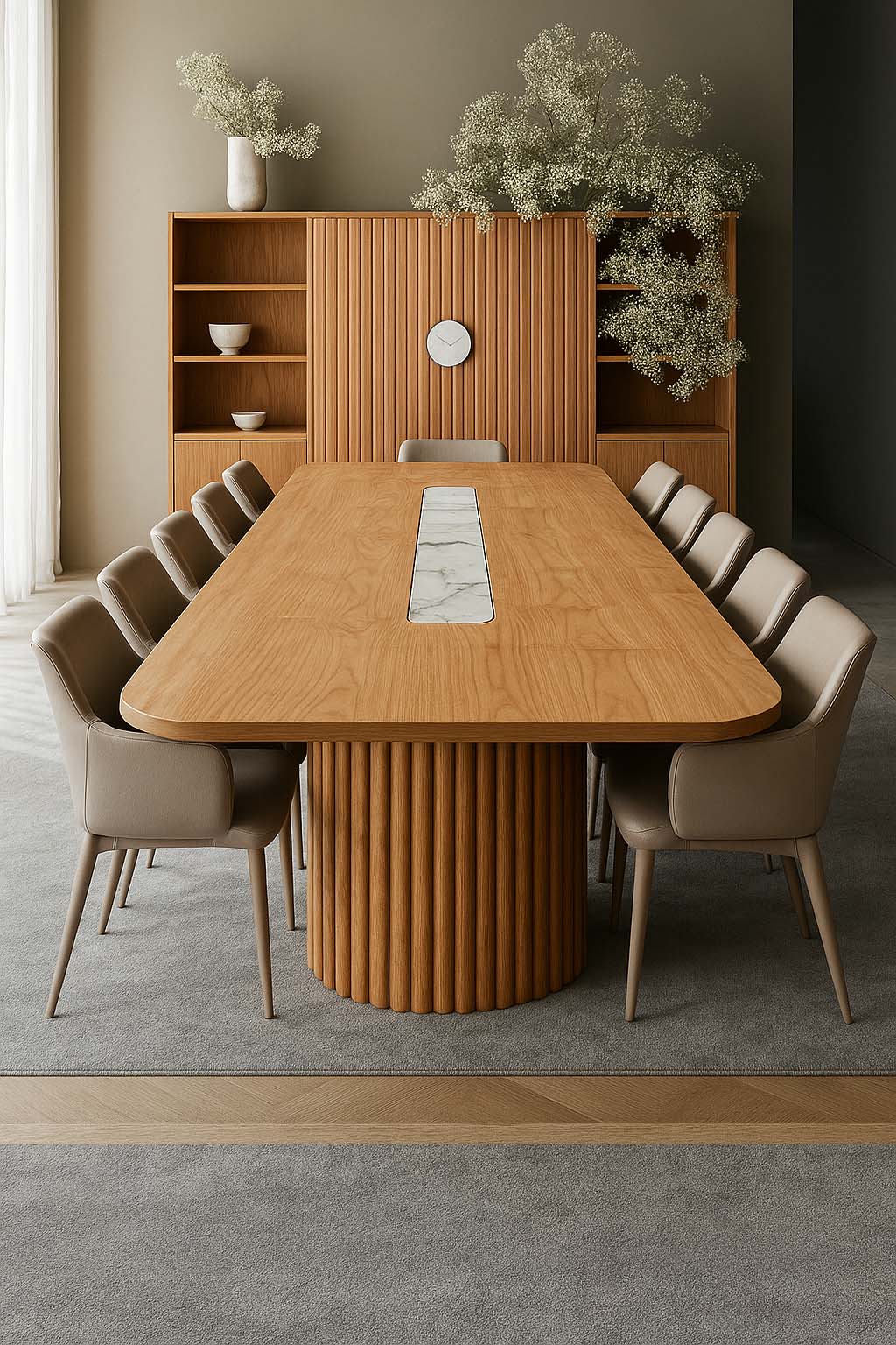 Warm and elegant meeting room with a ribbed wood pedestal table, leather chairs in taupe, wall-mounted bookshelves, and ceramic accessories.