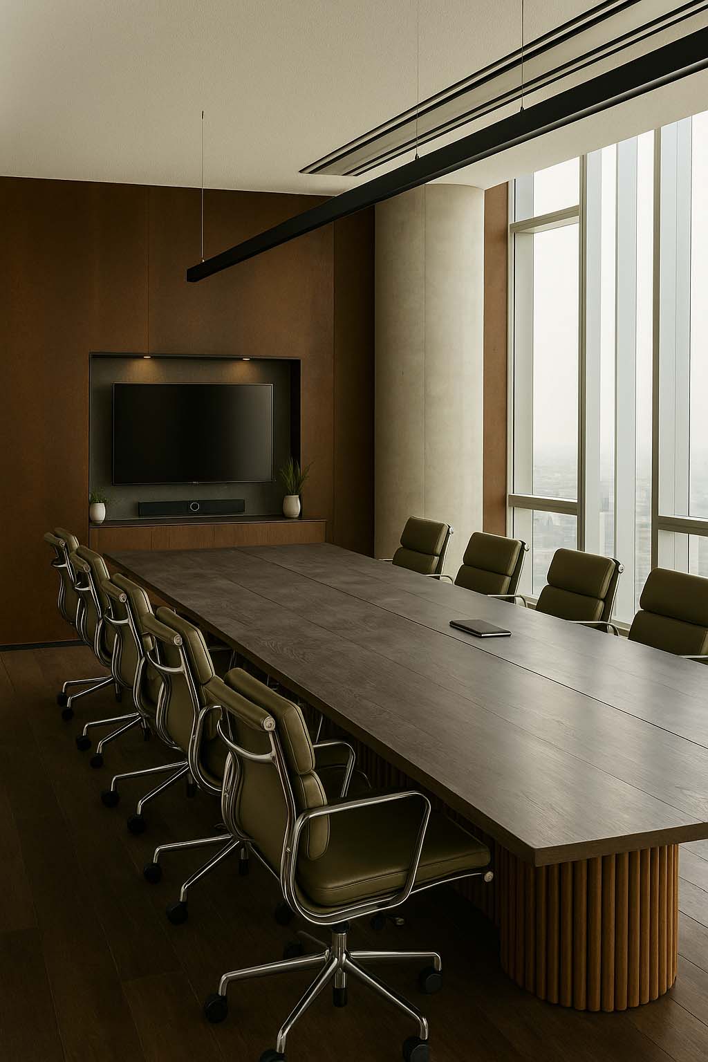 Dark wood boardroom table with green leather chairs, panoramic windows, and a dark feature wall, offering a luxurious cityscape-facing space.